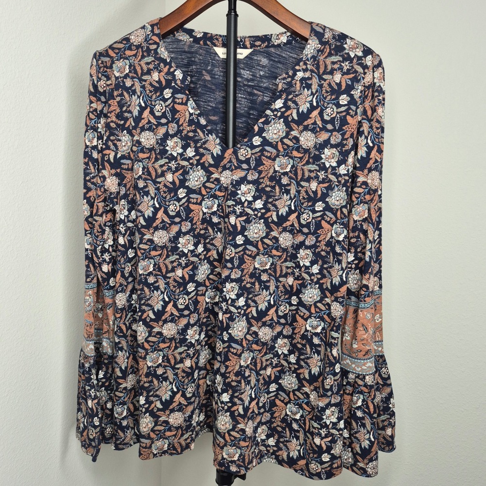 Lucky Brand Navy Floral Bell Sleeve Boho V-Neck Top Medium Bohemian Peasant